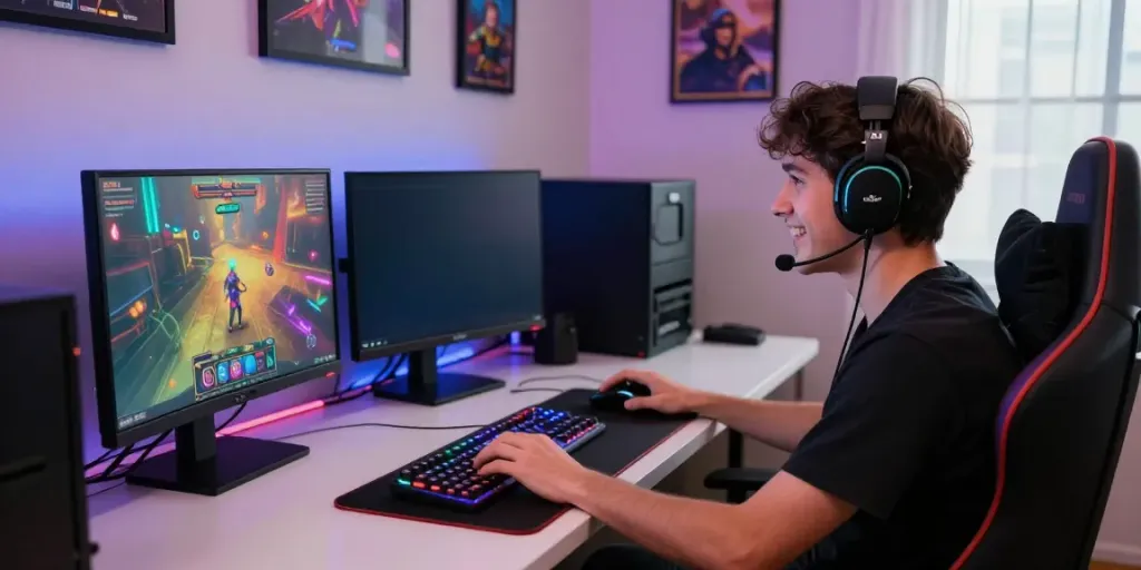 Player enjoying an exciting slot gacor thailand game on multiple screens with vibrant graphics and accessories.
