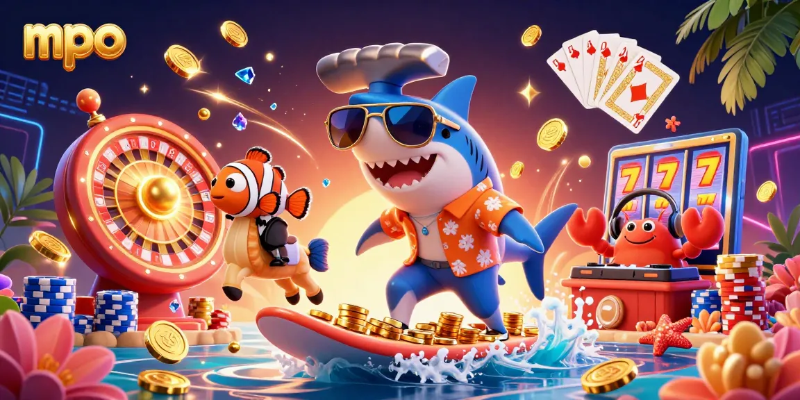 Engage in thrilling mpo gameplay while a shark rides a wave of gold coins and gems!