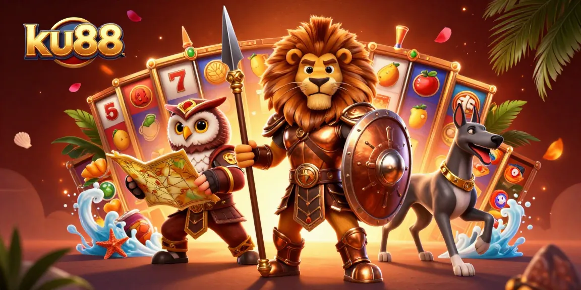 ku88 players engaging with 3D slot machines featuring vibrant symbols in an energetic casino scene