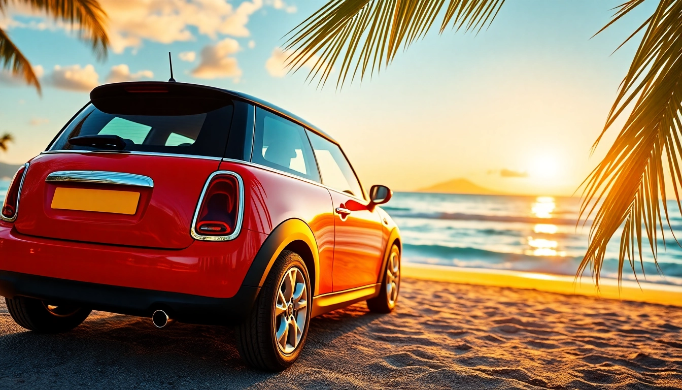 Enjoying the scenic view with a st barts mini cooper rental along the beach at sunset.