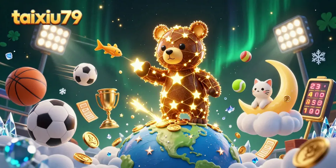 Engage in thrilling gameplay at taixiu79 with a vibrant 3D casino scene featuring dynamic sports elements.