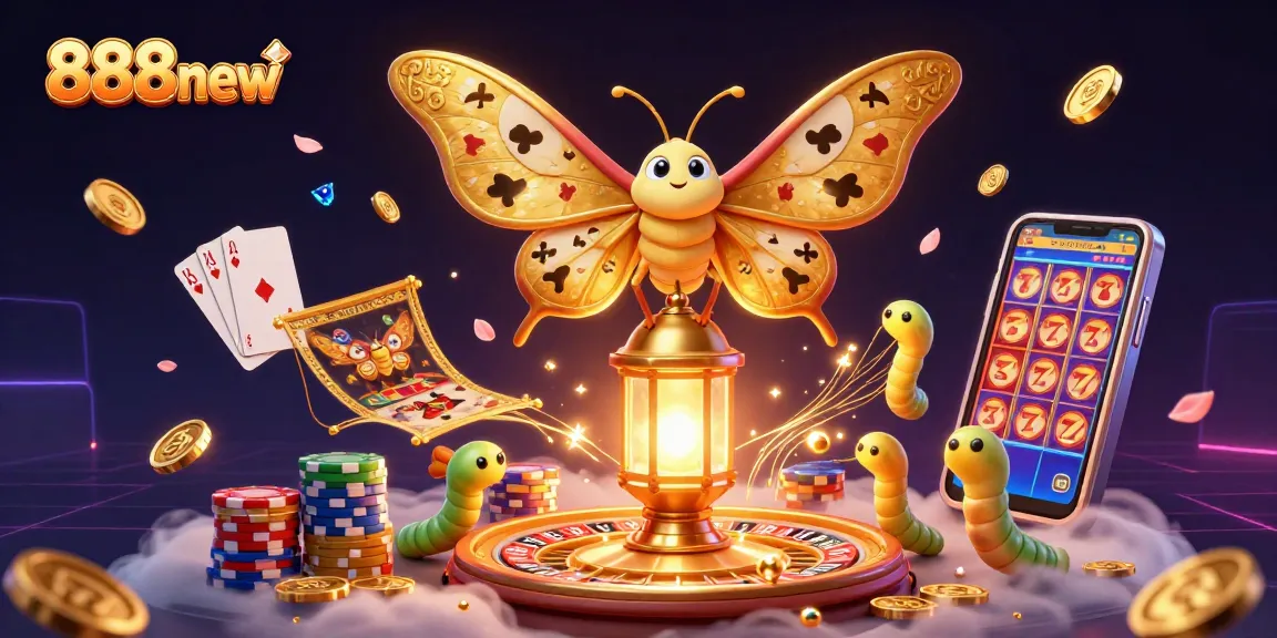 Experience the vibrant world of 888new with a majestic atlas moth amidst dynamic casino scenes.