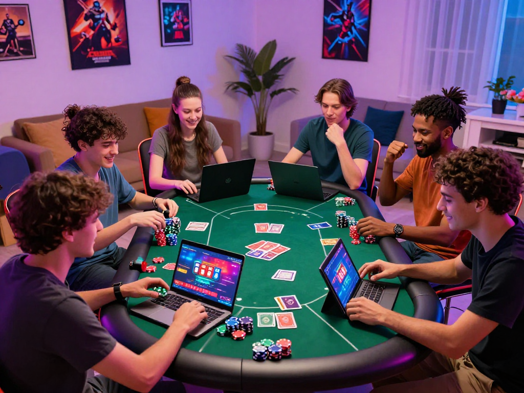 Engaged friends playing Poker88 online poker in a lively gaming environment with vibrant decor.