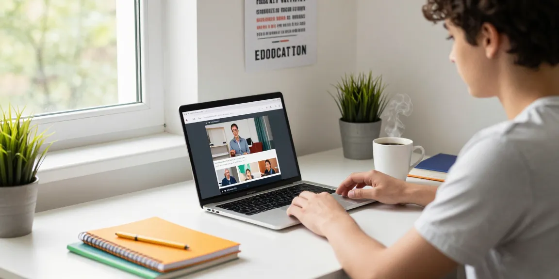 Student in home office learning more through an online course with organized study materials and bright lighting.