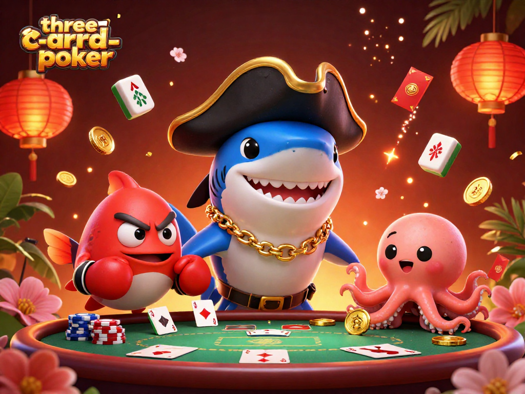Experience the thrill of three-card-poker with vibrant 3D characters and casino elements in an engaging scene.