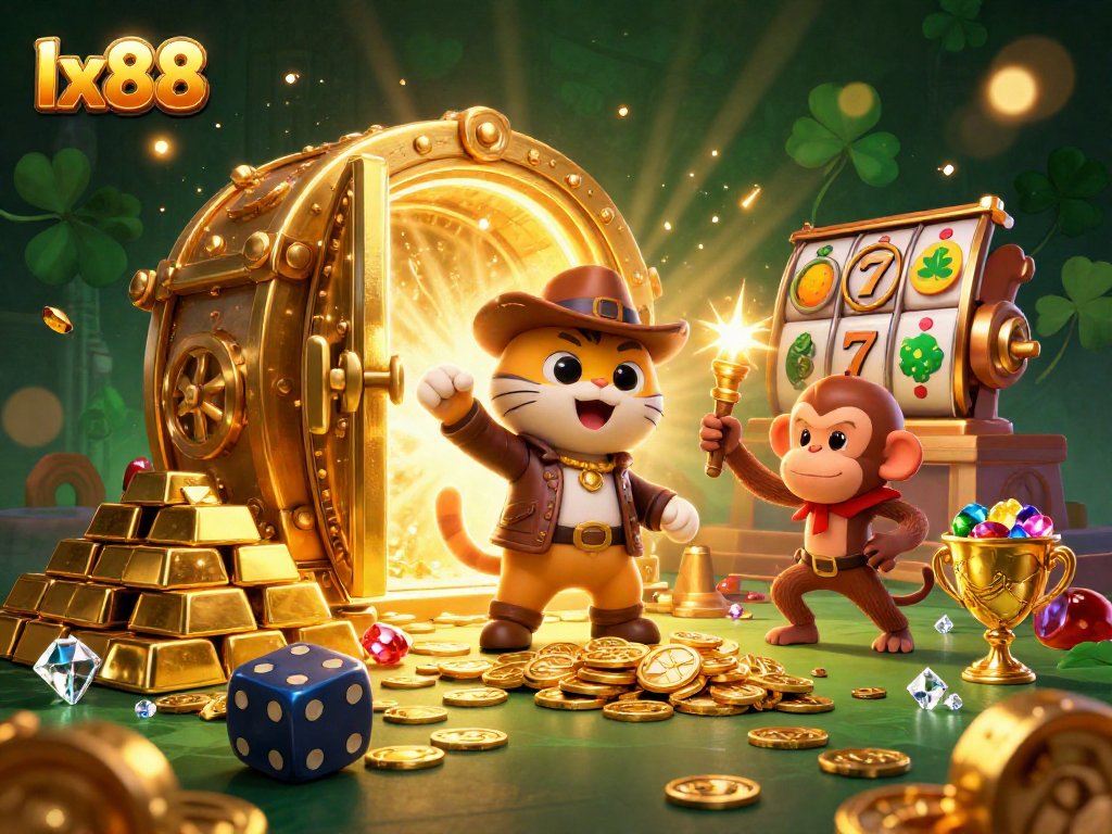 Engage in lx88's vibrant slot adventures with iconic 3D characters uncovering golden treasures.