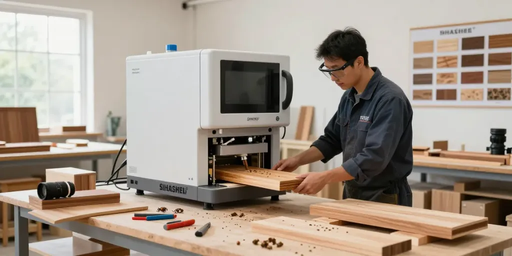 SHASHEL® technician demonstrating microwave wood treatment process in a bright workshop.