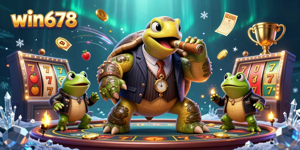 Engage with win678's thrilling online casino adventures featuring a lively turtle and frog characters.
