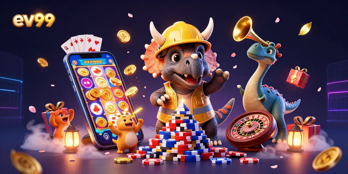 ev99 triceratops builds poker chip pyramid in a vibrant 3D casino scene with confetti.
