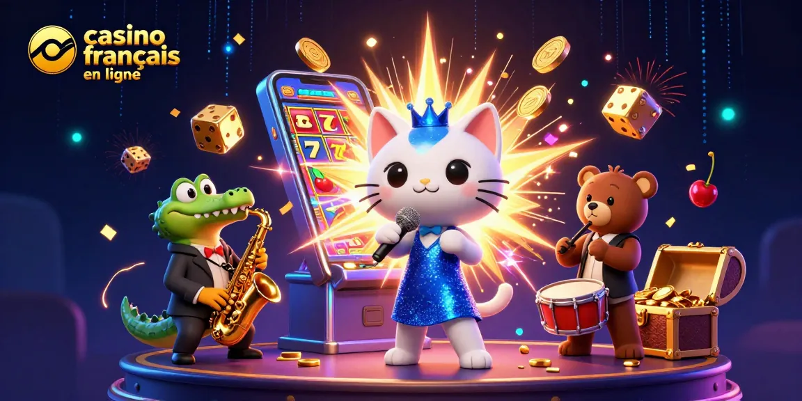 Le casino français en ligne s'anime avec un chat chanteur, un crocodile saxophoniste et un ours batteur dans une scène animée.
