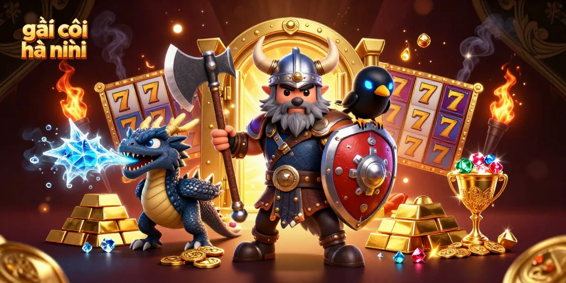 Engage in thrilling gameplay with gái gọi hà nội showcasing a cartoon Viking warrior and dragon amidst golden treasures.