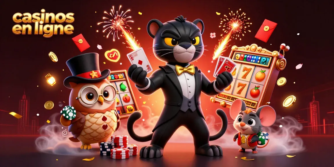 Des personnages animés présents dans des casinos en ligne, tentant leur chance avec des cartes et des jetons.