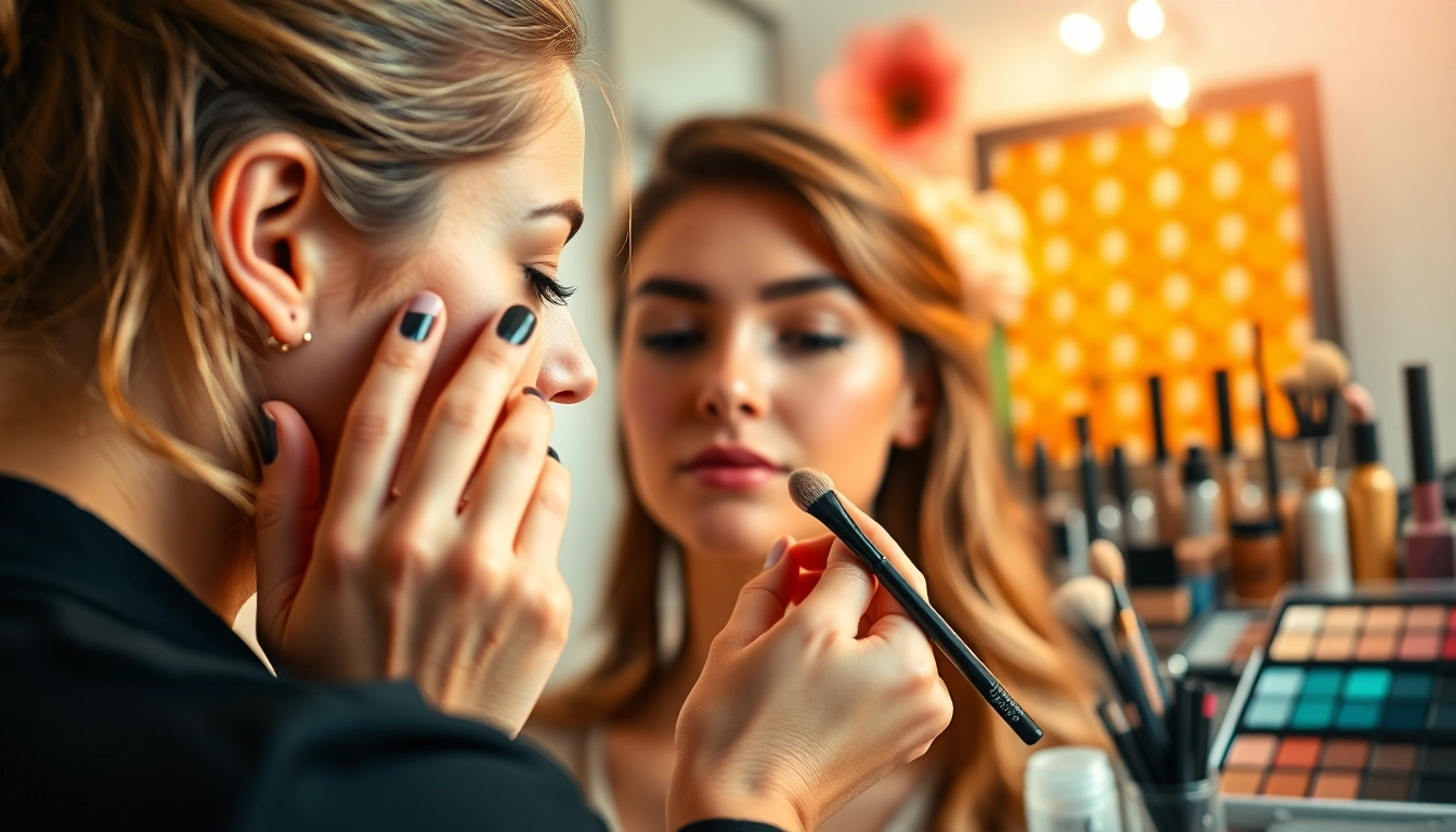 HD makeup application Dallas in a chic studio, showcasing a makeup artist applying professional makeup skills.