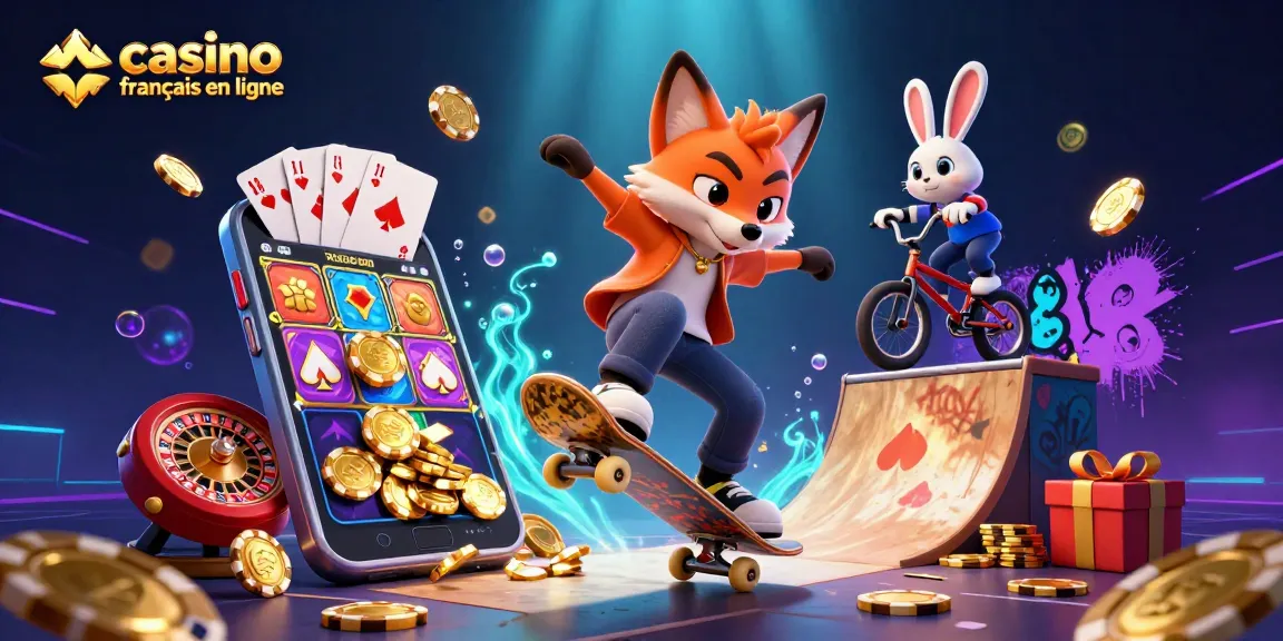 Plongez dans l'univers du casino français en ligne avec un renard et un lapin amuseurs sur un décor de jetons d'or.