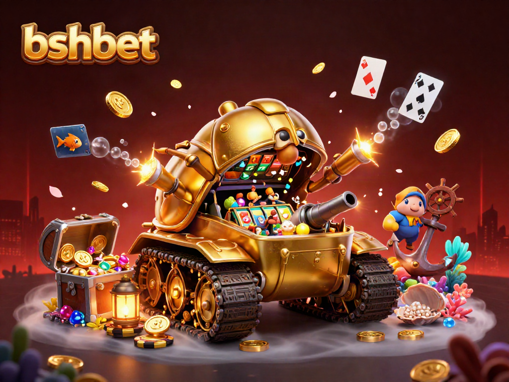 Experience bshbet's vibrant casino adventure with a golden beetle tank amidst dazzling treasures.