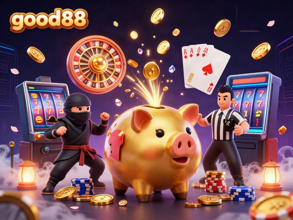 Engage with good88's vibrant casino world featuring a golden piggy bank sumo wrestler surrounded by dynamic coins and game elements.