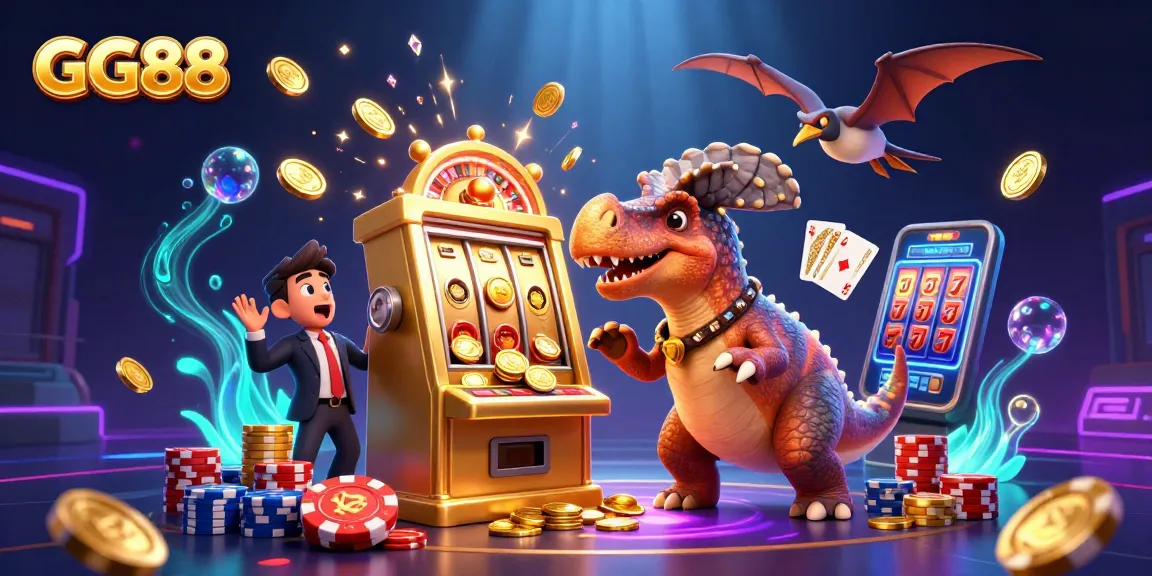 Experience the excitement of GG88 with a cartoon dinosaur hitting a jackpot and coins flying everywhere!