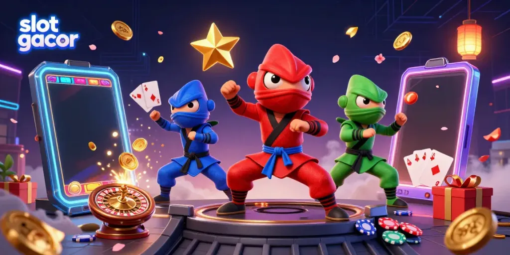 Experience slot gacor with a vibrant 3D ninja illustration showcasing energetic gameplay in a rich casino atmosphere.