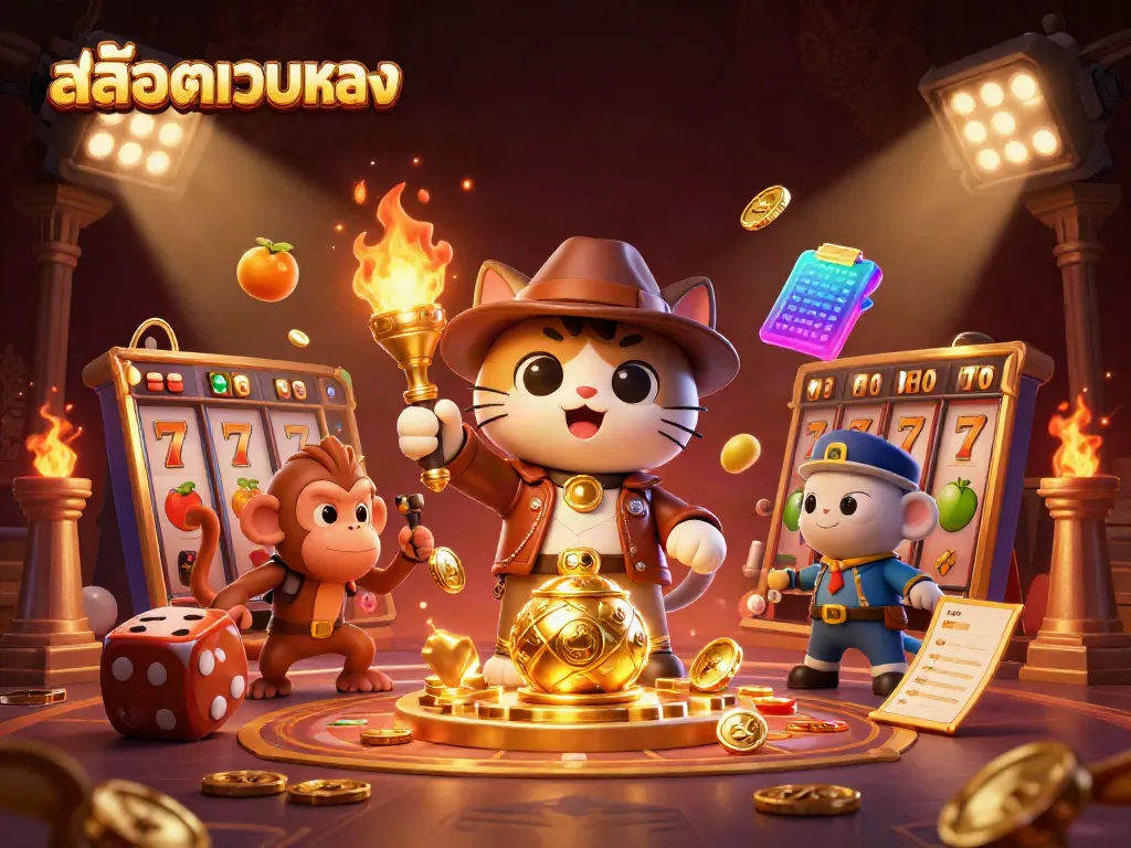 Engage with สล็อตเว็บตรง in an immersive casino adventure featuring an archaeologist cat discovering treasures.