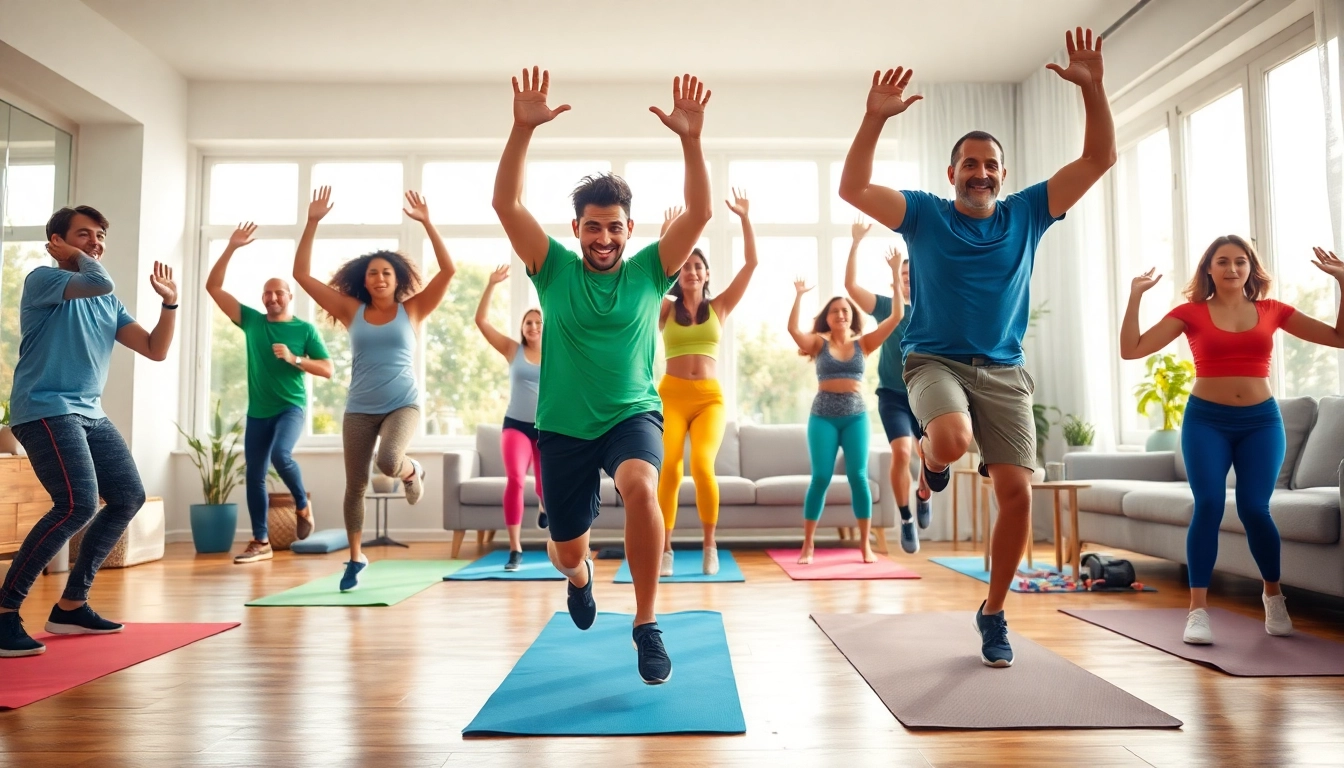 Engaged individuals performing various exercises as part of Home Workout Plans in a bright living room.