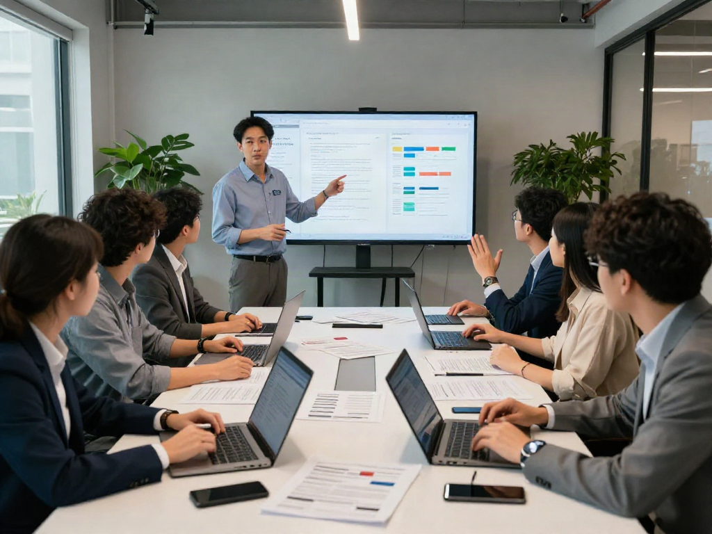 Data analysts engaged in document fraud detection teamwork, showcasing strategic analysis in a modern office.