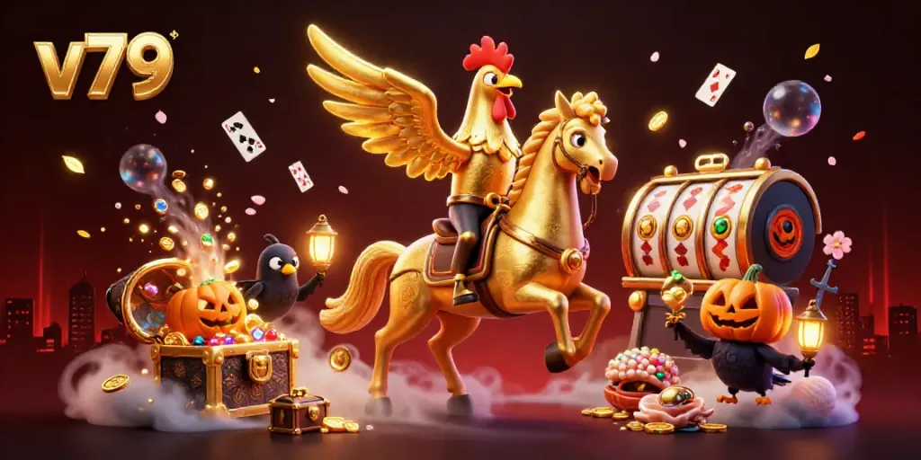 Experience the thrill of v79 with a dynamic casino scene featuring a golden rooster riding a spectral horse amidst treasures and playing cards.