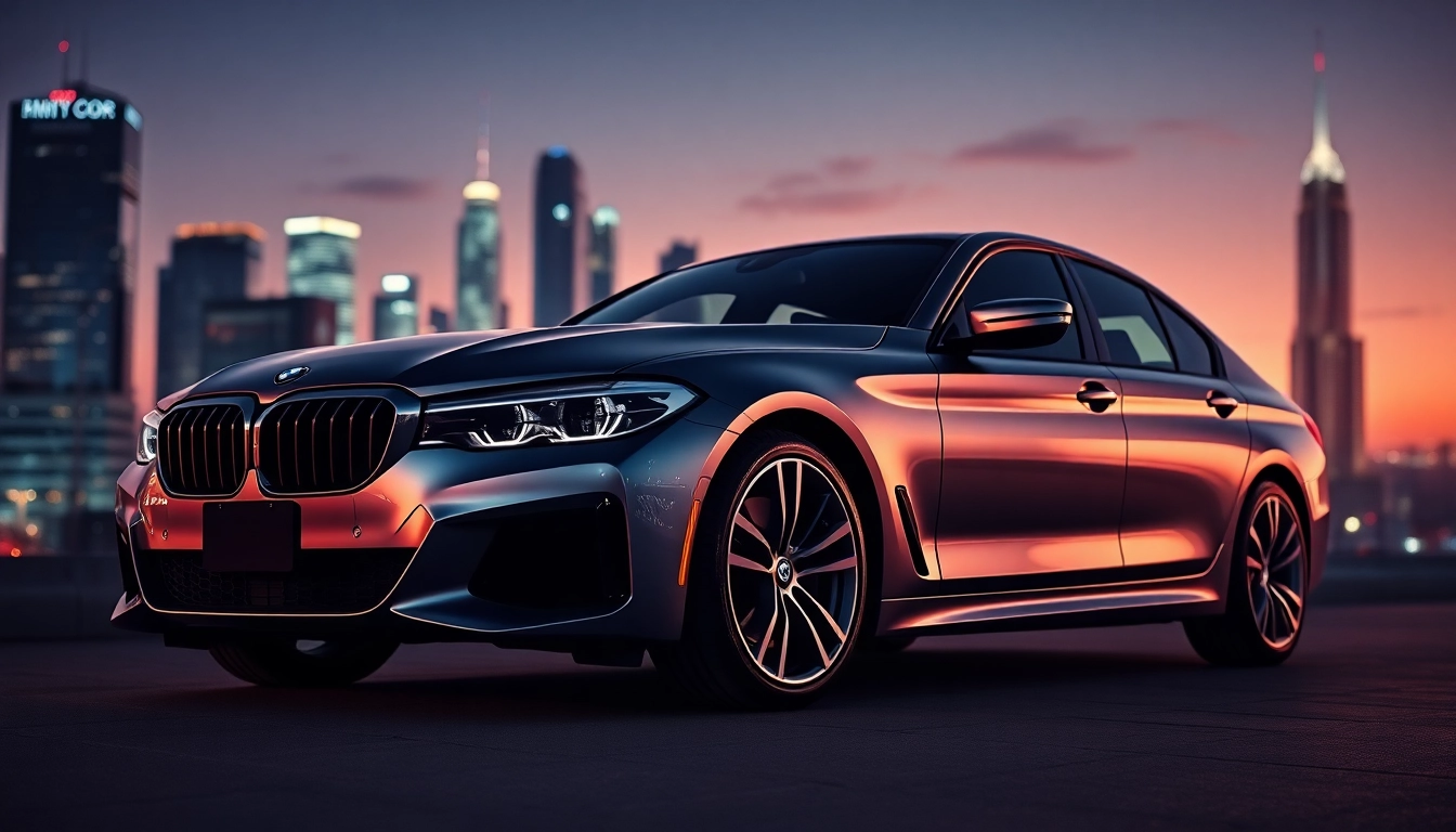 Luxury BMW car highlighting premium features in an elegant urban setting.