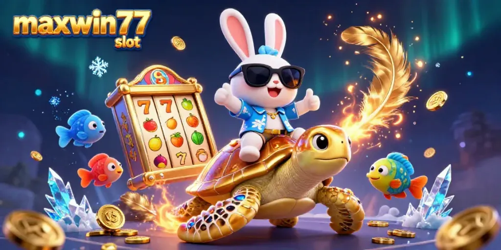 Engage with maxwin77 slot in an immersive scene featuring a lucky rabbit and golden turtle.