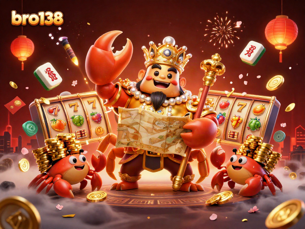Experience thrilling slots with bro138, featuring a golden crab emperor amidst vibrant casino elements.