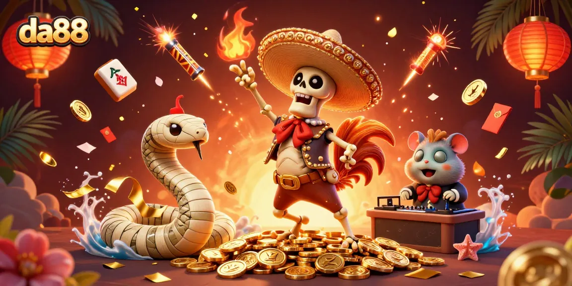 Engage with da88's vibrant casino scene featuring animated characters celebrating on golden coins.