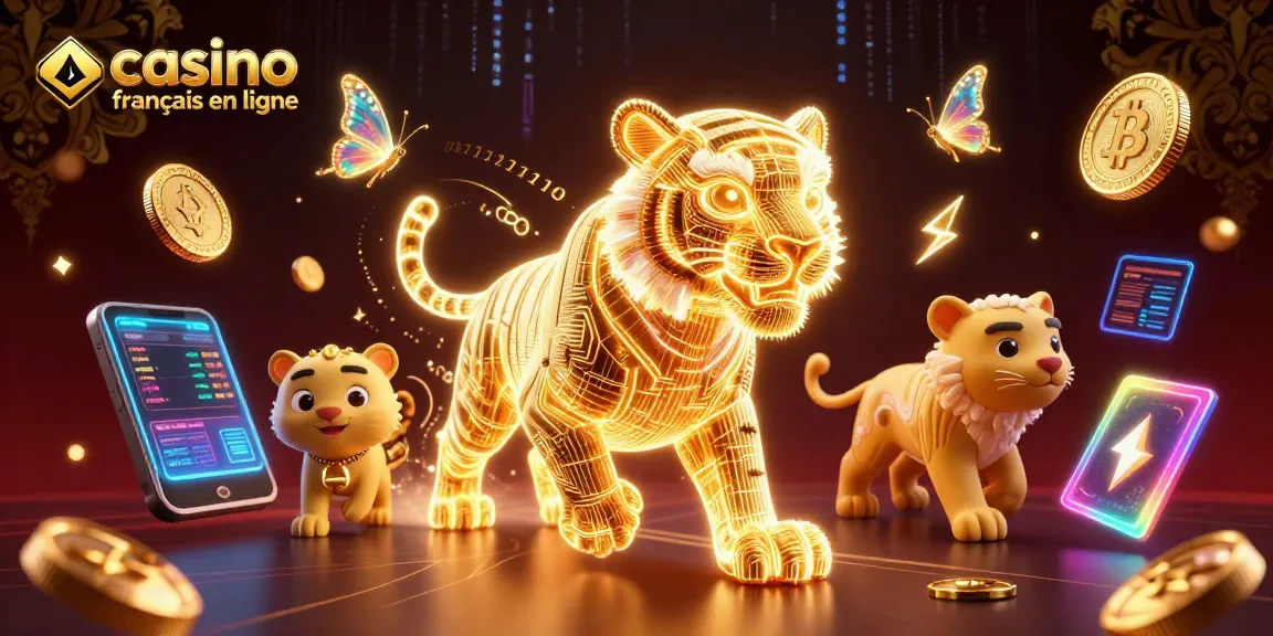 Jouez dans un casino français en ligne avec un tigre lumineux et des éléments de crypto-monnaies scintillants.