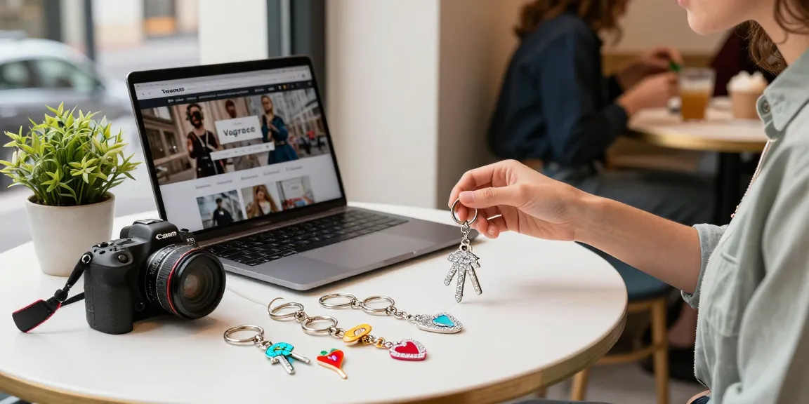 Showcase of a Diamond Keychain being inspected in an inviting urban e-commerce setting.
