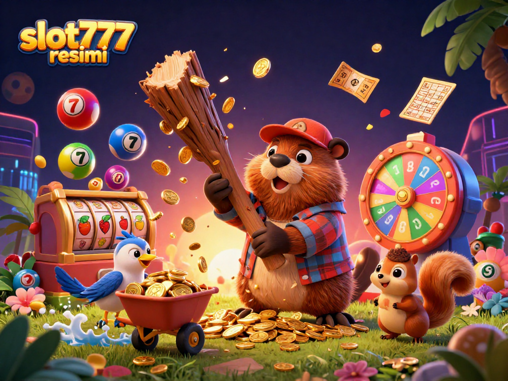 Experience the excitement of slot777 resmi with a vibrant 3D casino scene filled with coins and prizes.