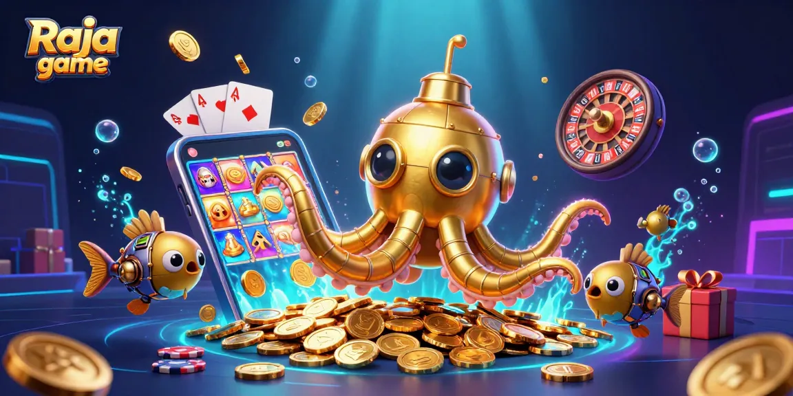 Play engaging Raja game with a vibrant 3D illustration of a kraken submarine and slot elements.