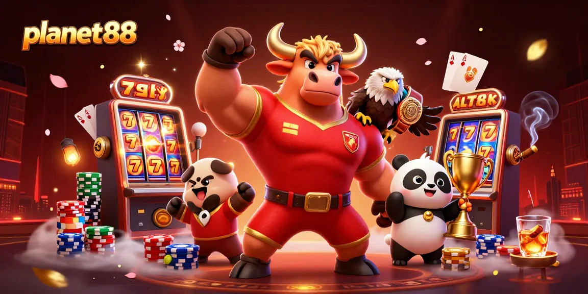 Win big with planet88, featuring a bull mascot, eagle, and panda amidst vibrant gaming elements.