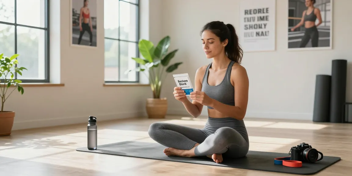 Explore NAD+ benefits with a person enjoying buccal strips in a bright fitness studio, promoting wellness and vitality.
