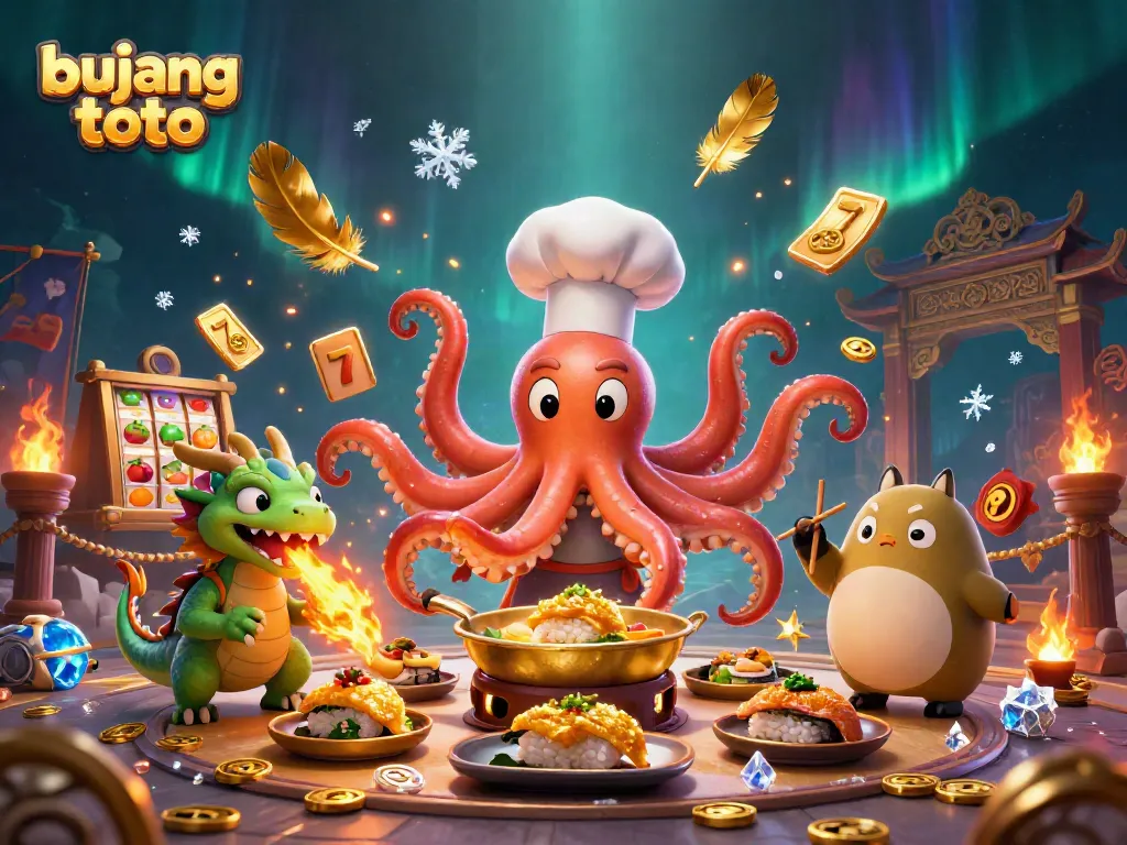 Bujang toto promotional illustration featuring a chef octopus, dragon, and tanuki in an engaging casino scene.