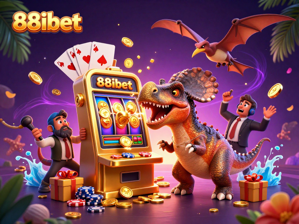 88ibet players enjoying a big jackpot win with a pachycephalosaurus in a casino scene.