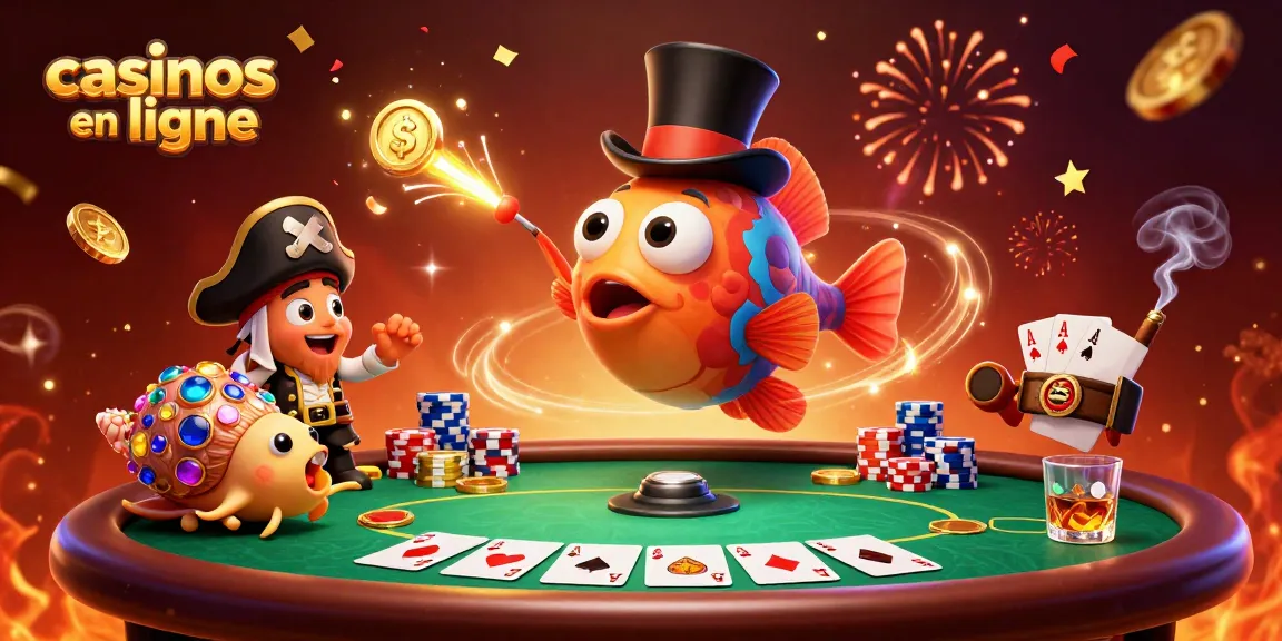 Illustration dynamique de casinos en ligne avec un poisson-lanterne et des personnages marins.