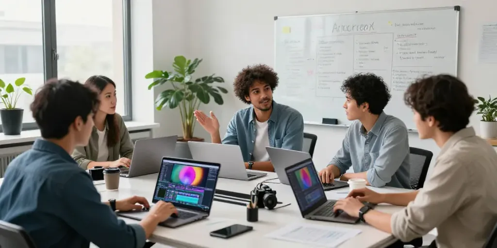 Creative team discussing AI video generation service pricing in a modern office.