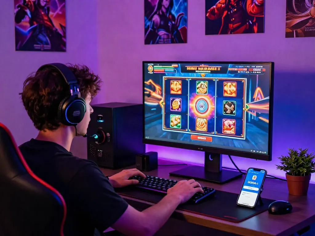 Exciting slot gaming experience showing a player using DANA e-wallet for seamless transactions.