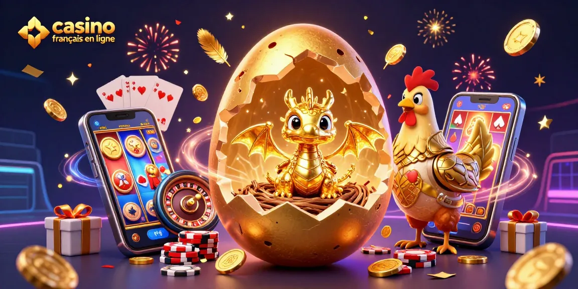 Illustration animée captivante de casino français en ligne avec dragon en or et éléments de jeu.