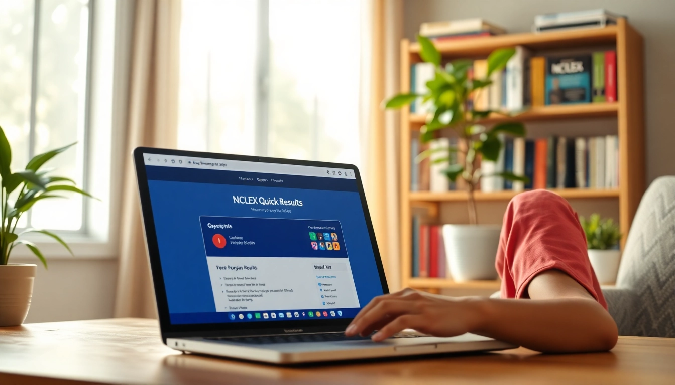 Nursing student excitedly checks Past Nclex fast results on a laptop in a cozy setting.