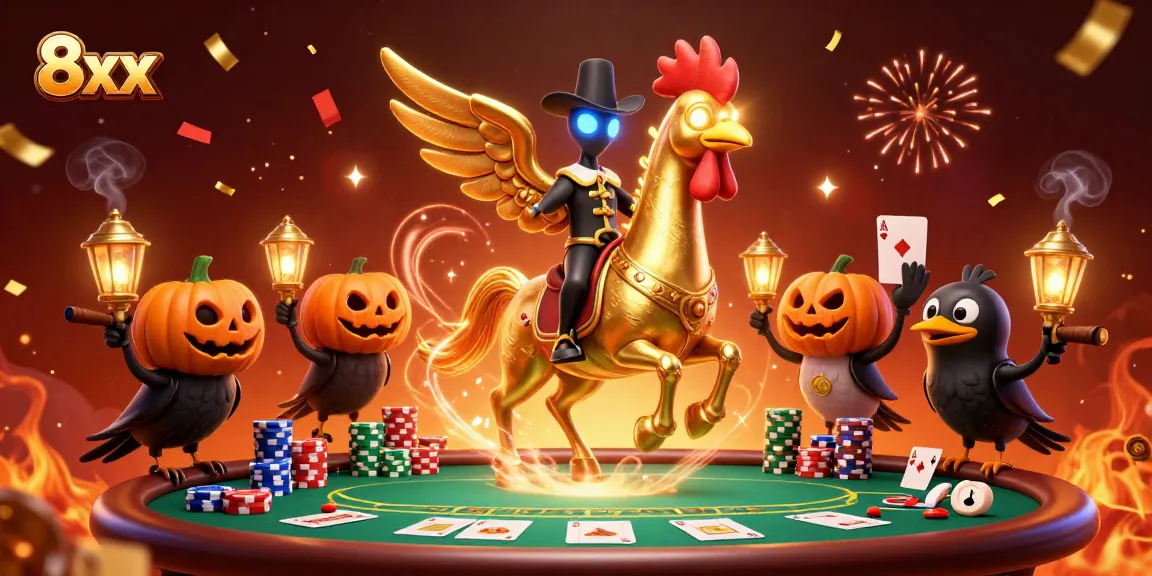 Engage in thrilling gameplay at 8xx casino, featuring vibrant poker elements and magical energy swirls.