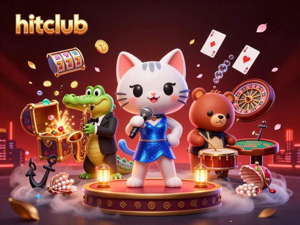 Hitclub's vibrant casino scene with a jazzy cat and friends, showcasing exciting game elements.