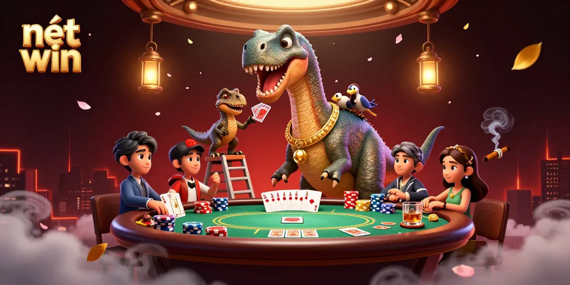 Experience the excitement at nét win with a vibrant 3D illustration featuring a playful brontosaurus and raptor in a bustling poker scene.