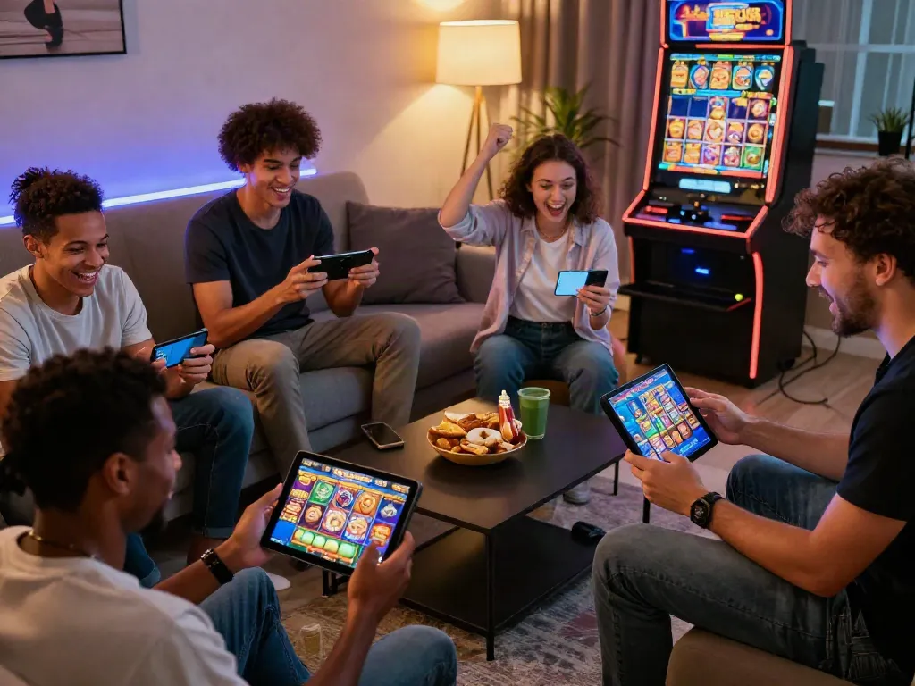 Players enjoying slot maxwin games on mobile devices in a cozy living room, capturing excitement and engagement in online gambling.