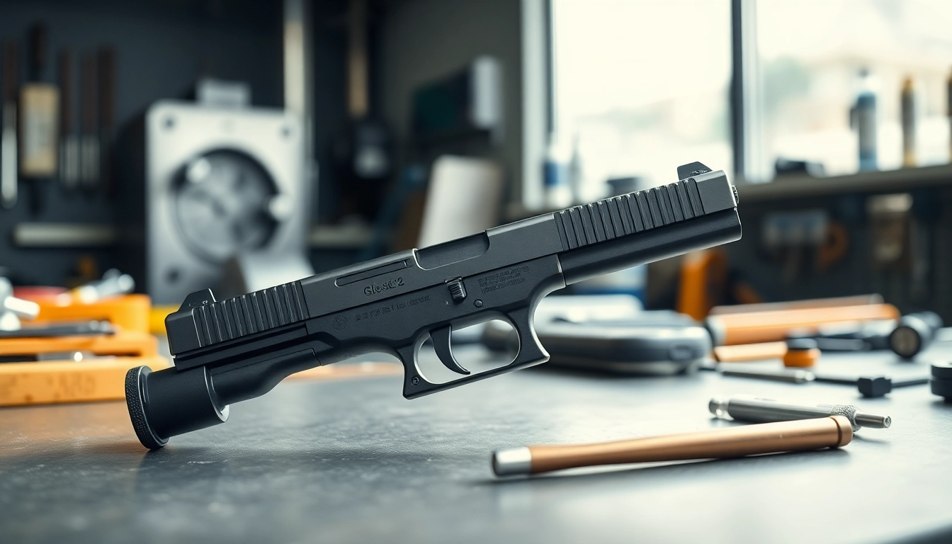 Showcasing a glock 48 complete slide in a modern workshop environment, highlighting precision craftsmanship.