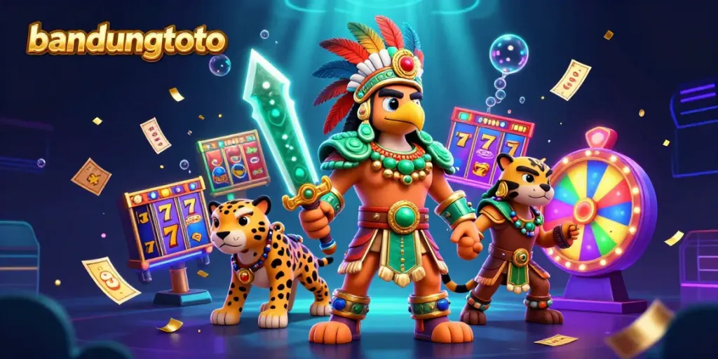 Spin to win with bandungtoto at a vibrant casino, featuring colorful slot reels, eagle warriors, and jackpot excitement.