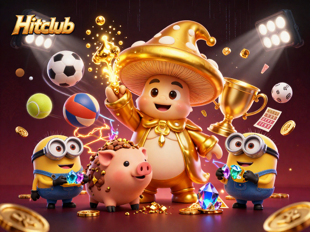 Hitclub reveals golden treasures with magic and sports betting elements in vibrant 3D illustration.